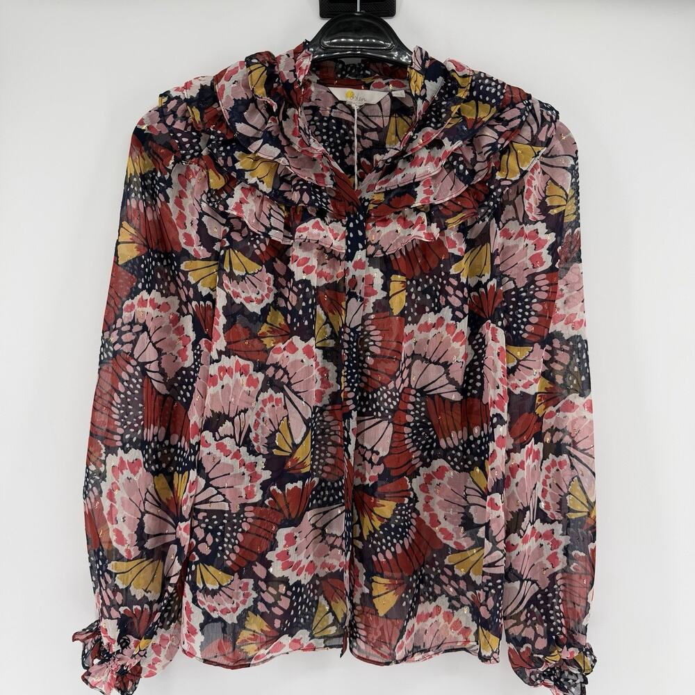 NEW BODEN Butterfly Ruffle Neck Shirt Multicolor Sheer Blouse Ruffled Cuffs US-2 - Picture 2 of 12
